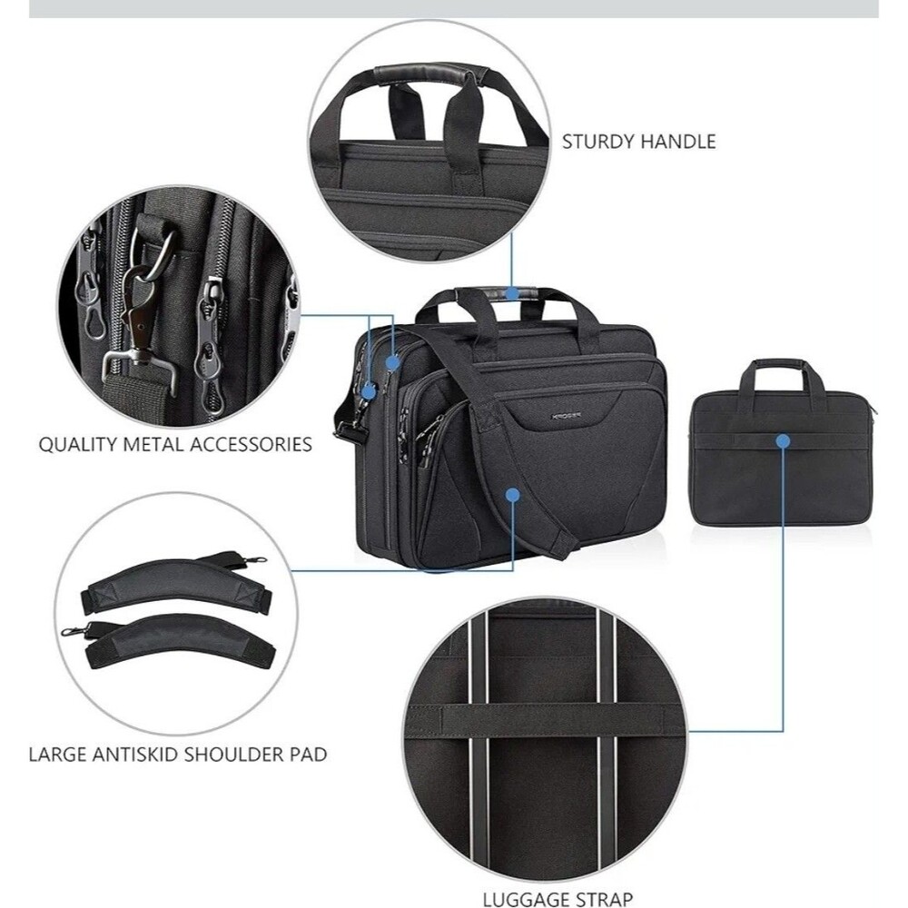 KROSER 18" Laptop Bag Expandable Laptop Briefcase RFID NEW ALL BLACK BAGS BIN - Picture 5 of 12